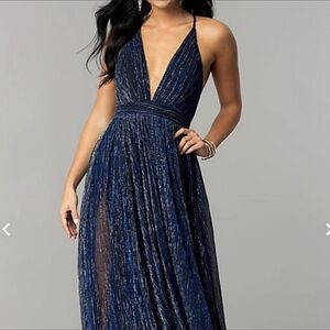 Plunging Navy and Silver Evening Gown Size Medium